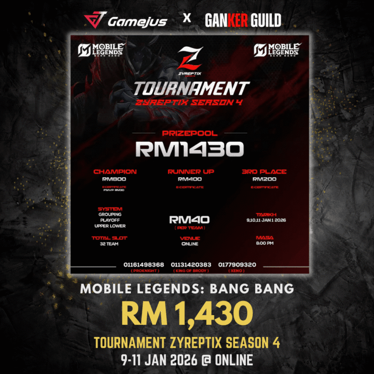 TOURNAMENT ZYREPTIX SEASON 4 GAMEJUS GANKER GUILD MOBILE LEGENDS BANG BANG RM 1,430 TOURNAMENT ZYREPTIX SEASON 4 9-11 JAN 2026 @ ONLINE