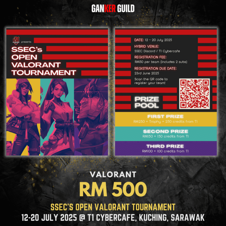 SSEC's Open Valorant Tournament GANKER GUILD VALORANT SSEC'S OPEN VALORANT TOURNAMENT 12-20 JULY 2025 @ T1 CYBERCAFE, KUCHING, SARAWAK
