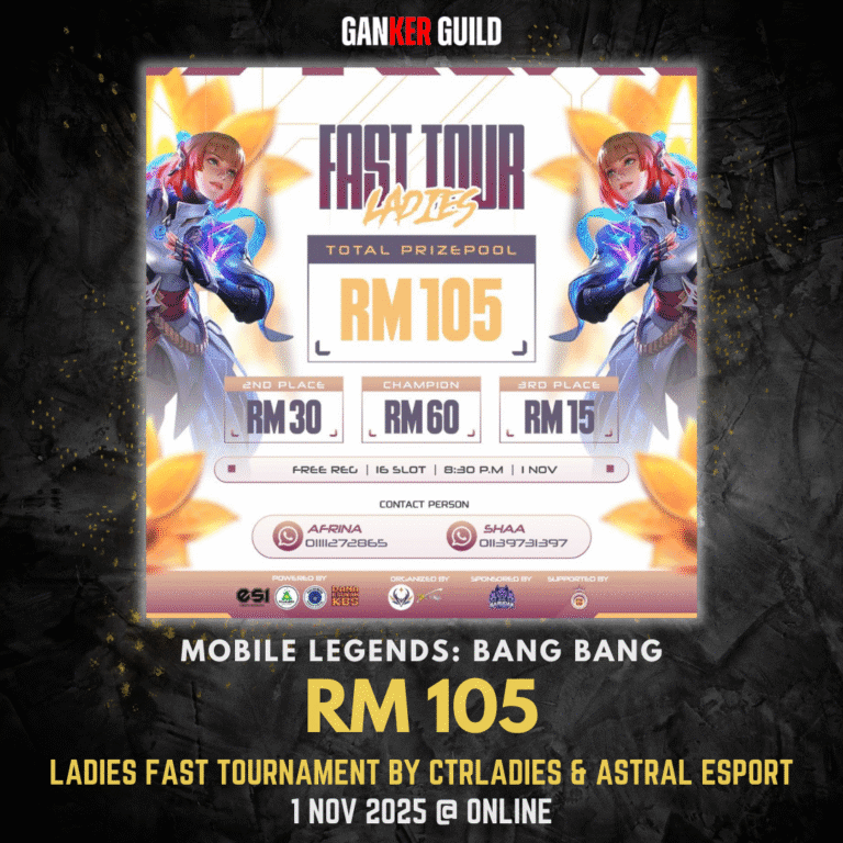 Ladies Fast Tournament by CTRLADIES & ASTRAL ESPORT GANKER GUILD MOBILE LEGENDS BANG BANG RM 105 LADIES FAST TOURNAMENT BY CTRLADIES & ASTRAL ESPORT 1 NOVEMBER 2025 @ ONLINE