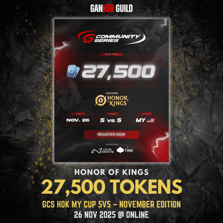 GCS HOK MY Cup 5v5 โ November Edition GANKER GUILD HONOR OF KINGS 27,500 TOKENS GCS HOK MY CUP 5V5 - NOVEMBER EDITION 26 NOVEMBER 2025 @ ONLINE