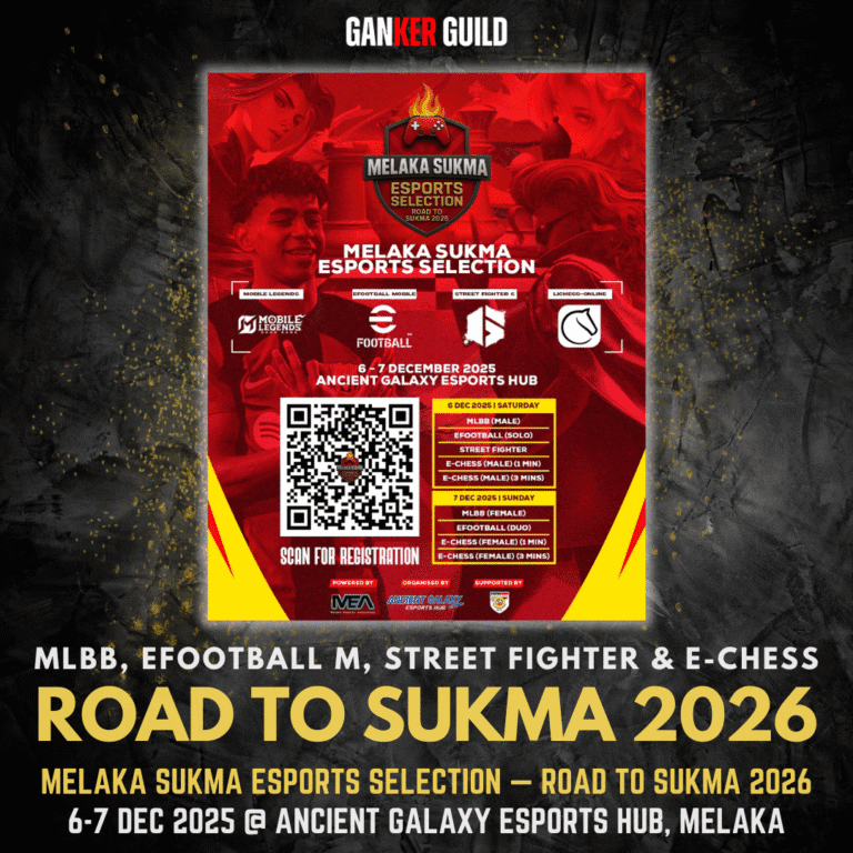 GANKER GUILD MLBB, EFOOTBALL MOBILE, STREET FIGHTER 6 & E-CHESS ROAD TO SUKMA 2026 MELAKA SUKMA ESPORTS SELECTION - ROAD TO SKUMA 2026 6-7 DECEMBER 2025 @ ANCIENT GALAXY ESPORTS HUB, MELAKA