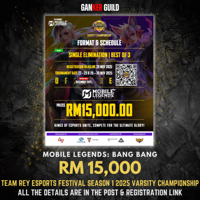 GANKER GUILD MOBILE LEGENDS BANG BANG RM 15,000 TEAM REY ESPORTS FESTIVAL SEASON 1 2025 VARSITY CHAMPIONSHIP ALL THE DETAILS ARE IN THE POST & REGISTRATION LINK