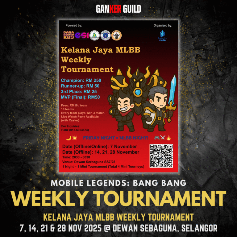 GANKER GUILD MOBILE LEGENDS BANG BANG WEEKLY TOURNAMENT KELANA JAYA MLBB WEEKLY TOURNAMENT 7, 14, 21 & 28 NOVEMBER 2025 @ DEWAN SEBAGUNA, SELANGOR