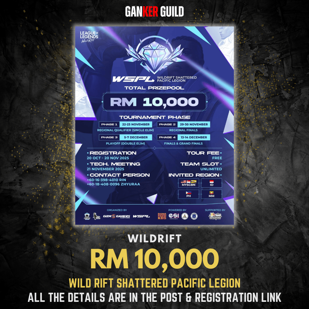 GANKER GUILD WILDRIFT RM 10,000 WILD RIFT SHATTERED PACIFIC LEGION ALL THE DETAILS ARE IN THE POST & REGISTRATION LINK
