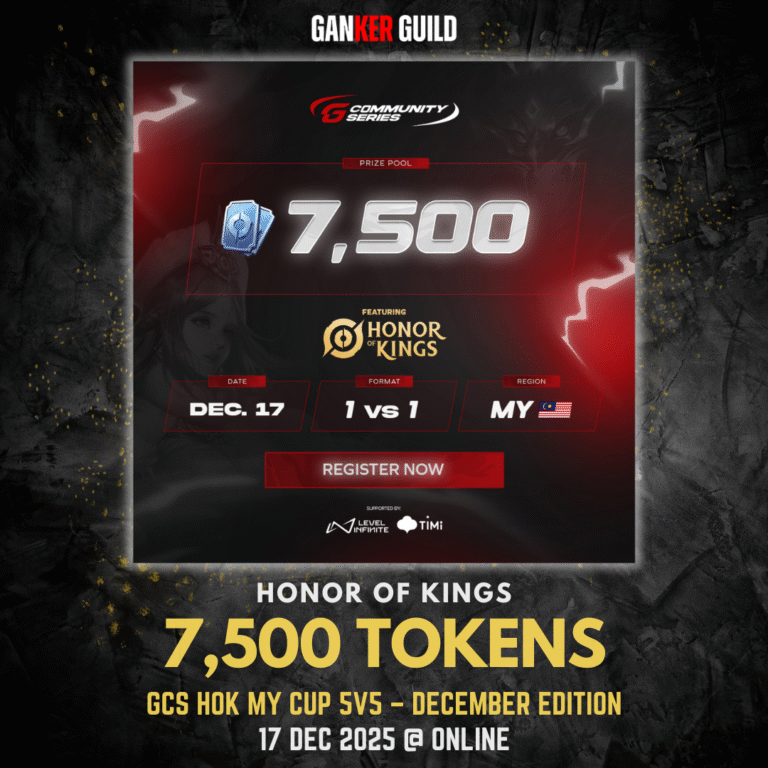 GCS HOK MY Cup 5v5 โ December Edition GANKER GUILD HONOR OF KINGS 7,500 TOKENS GCS HOK MY CUP 5V5 - DECEMBER EDITION 17 DEC 2025 @ ONLINE