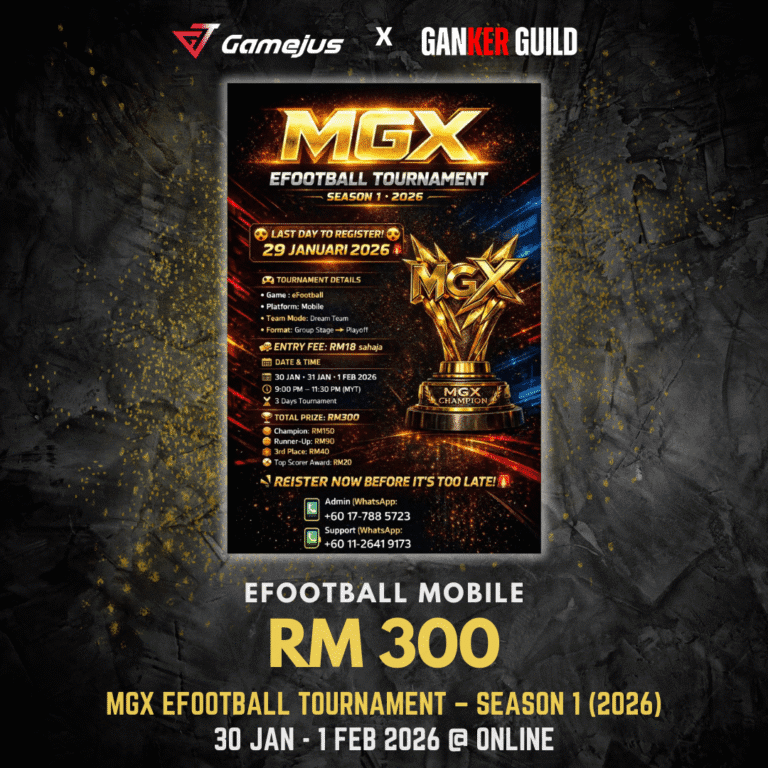 GAMEJUS X GANKER GUILD EFOOTBALL MOBILE RM 300 MGX EFOOTBALL TOURNAMENT - SEASON 1 2026 30 JAN - 1 FEB 2026 @ ONLINE