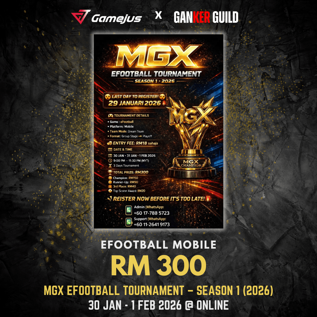 GAMEJUS X GANKER GUILD EFOOTBALL MOBILE RM 300 MGX EFOOTBALL TOURNAMENT - SEASON 1 2026 30 JAN - 1 FEB 2026 @ ONLINE