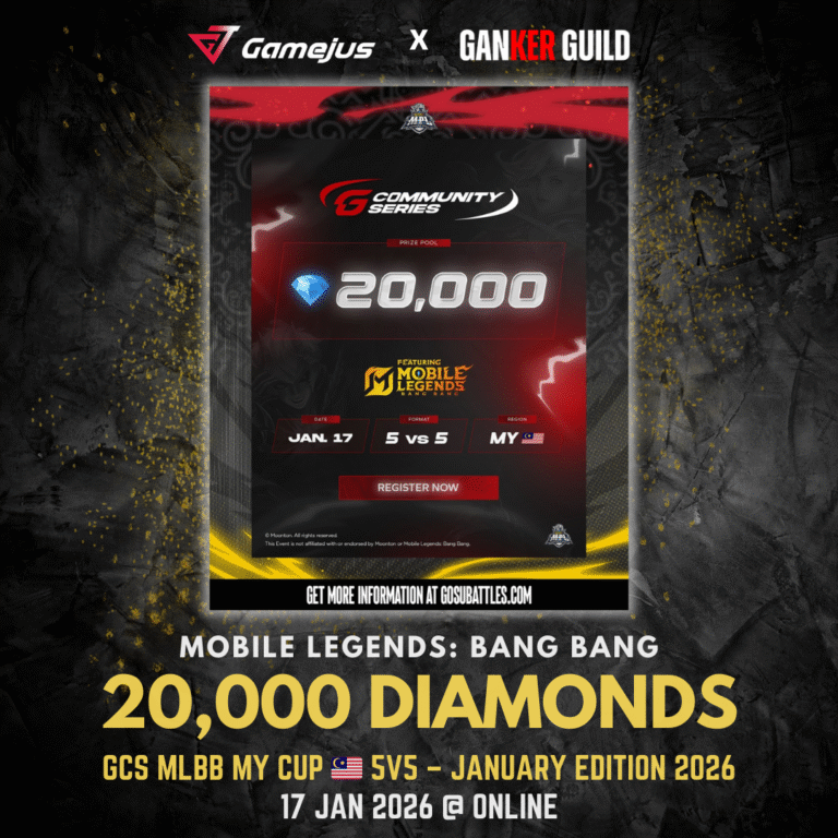 GCS MLBB MY Cup ๐ฒ๐พ 5v5 โ January Edition 2026 GAMEJUS X GANKER GUILD MOBILE LEGEDS BANG BANG 20,000 DIAMONDS GCS MLBB MY CUP 5V5 - JANUARY EDITION 2026 17 JAN 2026 @ ONLINE