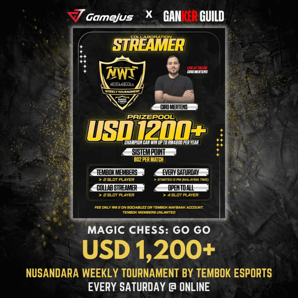 GAMEJUS X GANKER GUILD MAGIC CHESS GO GO USD 1,200+ HUSANDARA WEEKLY TOURNAMENT BY TEMBOK ESPORTS EVERY SATURDAY @ ONLINE