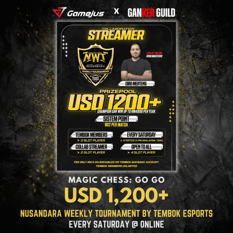 GAMEJUS X GANKER GUILD MAGIC CHESS GO GO USD 1,200+ HUSANDARA WEEKLY TOURNAMENT BY TEMBOK ESPORTS EVERY SATURDAY @ ONLINE