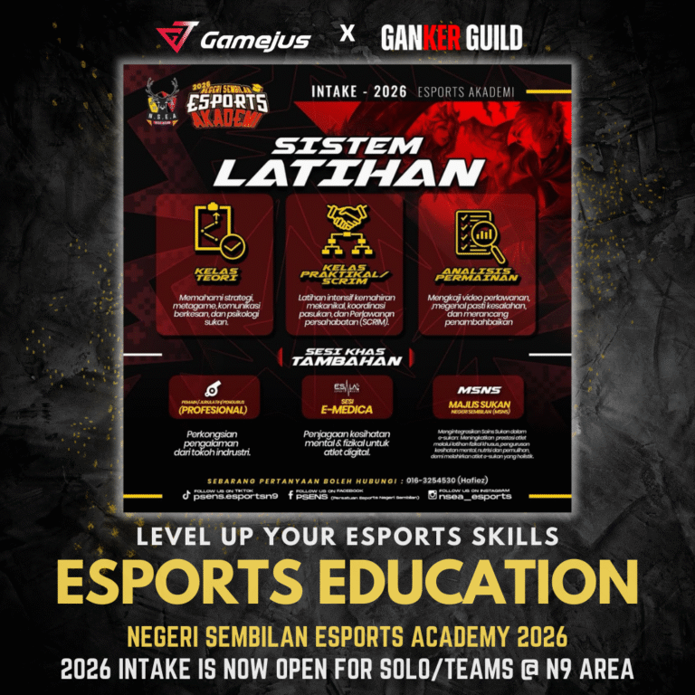GameJus x GANKER GUILD LEVEL UP YOUR ESPORTS SKILLS ESPORTS EDUCATION NEGERI SEMBILAN ESPORTS ACADEMY 2026 2026 INTAKE IS NOW OPEN FOR SOLO TEAMS @ N9 AREA