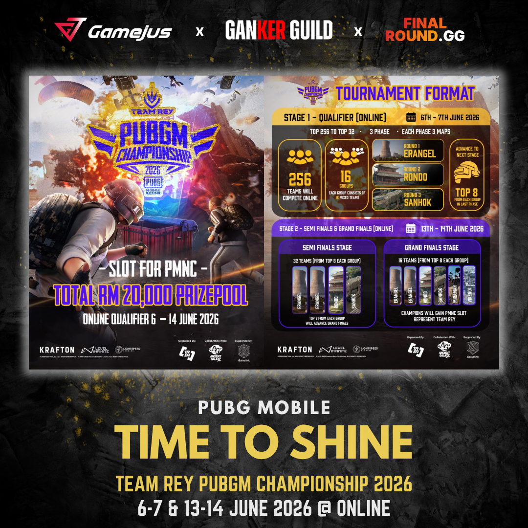 TEAM REY PUBGM CHAMPIONSHIP 2026 GAMEJUS X GANKER GUILD X FINAL ROUND.GG PUBG MOBILE TIME TO SHINE TEAM REY PUBGM CHAMPIONSHIP 2026 6-7 & 13-14 JUNE 2026 @ ONLINE