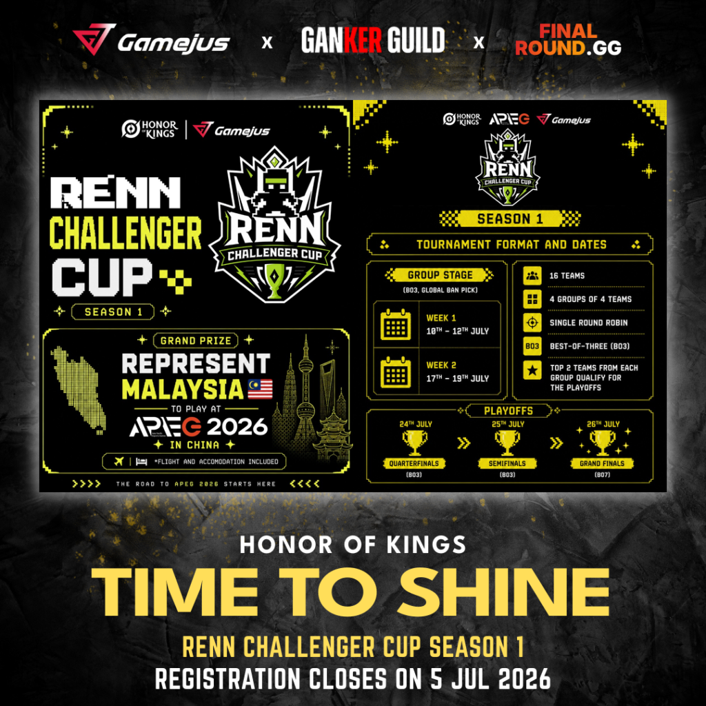 GAMEJUS X GANKER GUILD X FINAL ROUND.GG HONOR OF KINGS TIME TO SHINE RENN CHALLENGER CUP SEASON 1 REGISTRATION CLOSES ON 5 JULY 2026