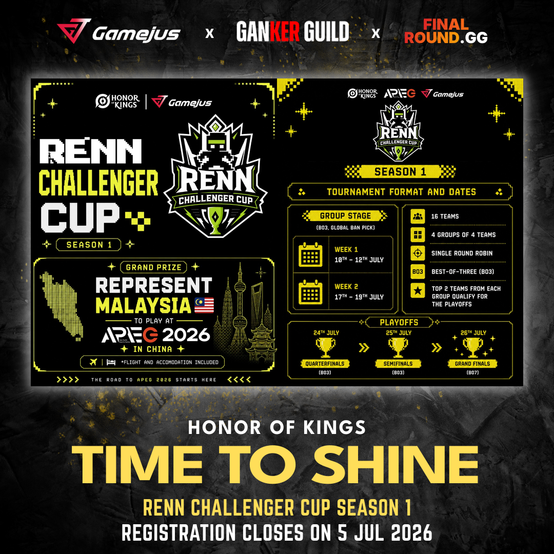 GAMEJUS X GANKER GUILD X FINAL ROUND.GG HONOR OF KINGS TIME TO SHINE RENN CHALLENGER CUP SEASON 1 REGISTRATION CLOSES ON 5 JULY 2026