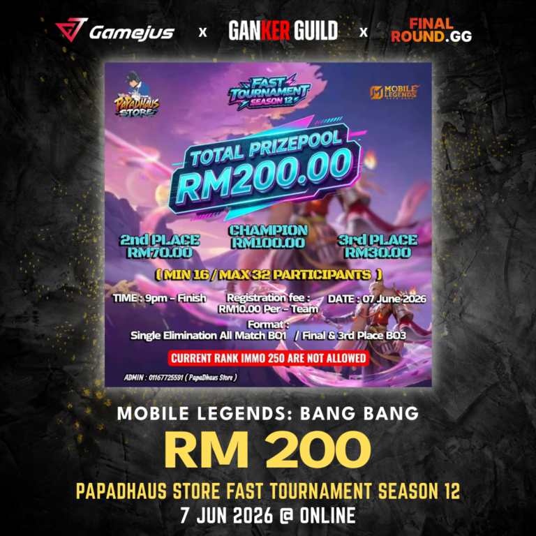 GAMEJUS X GANKER GUILD X FINAL ROUND.GG MOBILE LEGENDS BANG BANG RM 200 PAPADHAUS STORE FAST TOURNAMENT SEASON 12 7 JUN 2026 @ ONLINE