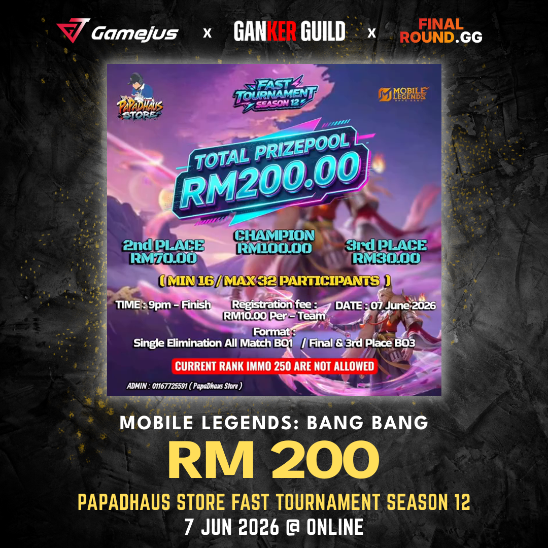 GAMEJUS X GANKER GUILD X FINAL ROUND.GG MOBILE LEGENDS BANG BANG RM 200 PAPADHAUS STORE FAST TOURNAMENT SEASON 12 7 JUN 2026 @ ONLINE