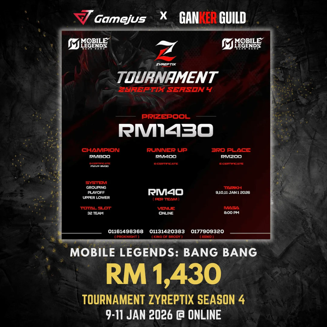 GAMEJUS GANKER GUILD MOBILE LEGENDS BANG BANG RM 1,430 TOURNAMENT ZYREPTIX SEASON 4 9-11 JAN 2026 @ ONLINE