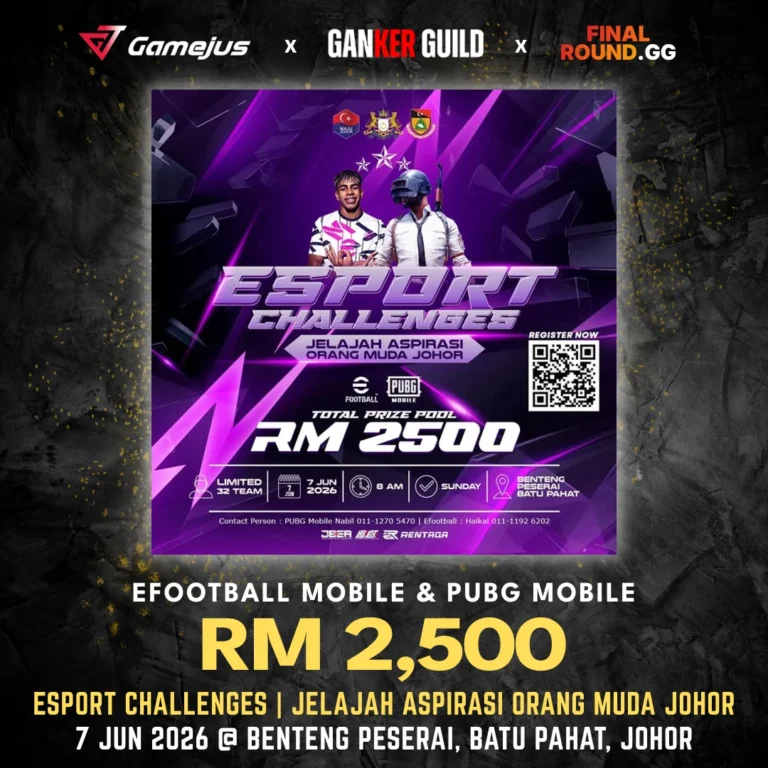 GAMEJUS X GANKER GUILD X FINAL ROUND.GG EFOOTBALL MOBILE & PUBG MOBILE RM 2,500 ESPORT CHALLENGES JELAJAH ASPIRASI ORANG MUDA JOHOR 7 JUN 2026 @ BENTENG PESERAI, BATU PAHAT, JOHOR
