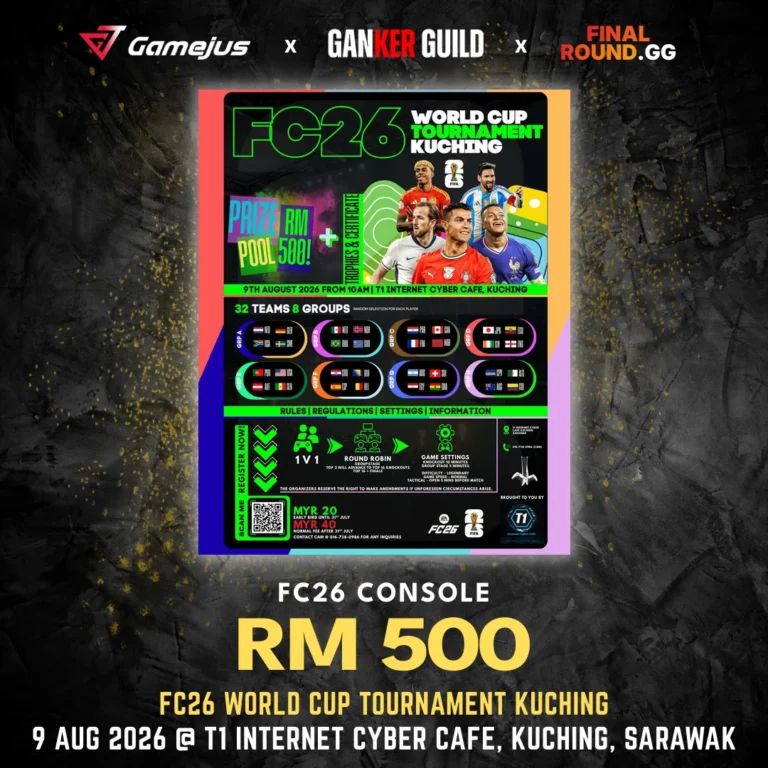 GAMEJUS X GANKER GUILD X FINAL ROUND.GG FC26 CONSOLE RM 500 FC26 WORLD CUP TOURNAMENT KUCHING 9 AUG 2026 @ T1 INTERNET CYBER CAFE, KUCHING, SARAWAK