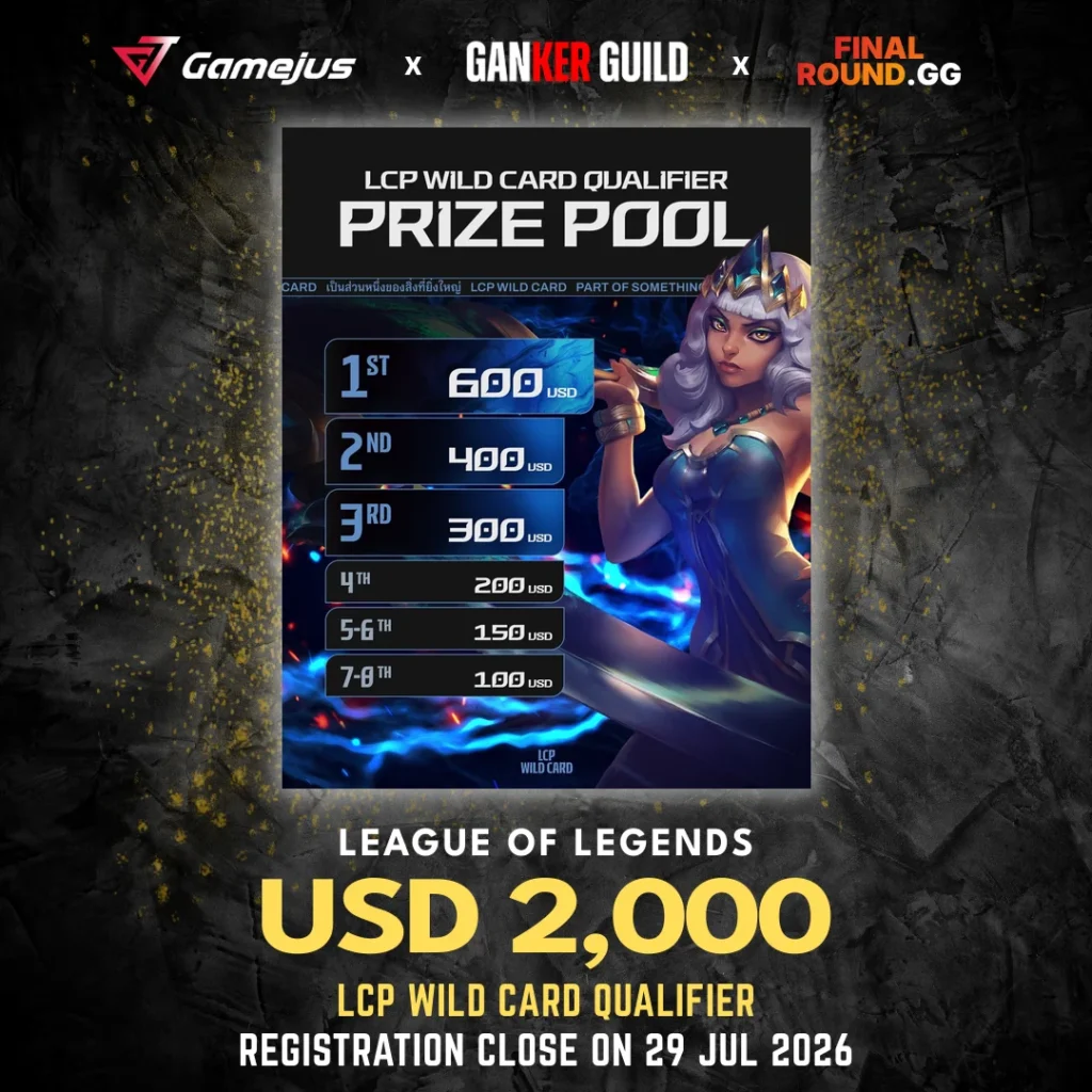 GAMEJUS X GANKER GUILD X FINAL ROUND.GG LEAGUE OF LEGENDS USD 2,000 LCP WILD CARD QUALIFIER REGISTRATION CLOSE ON 29 JULY 2026