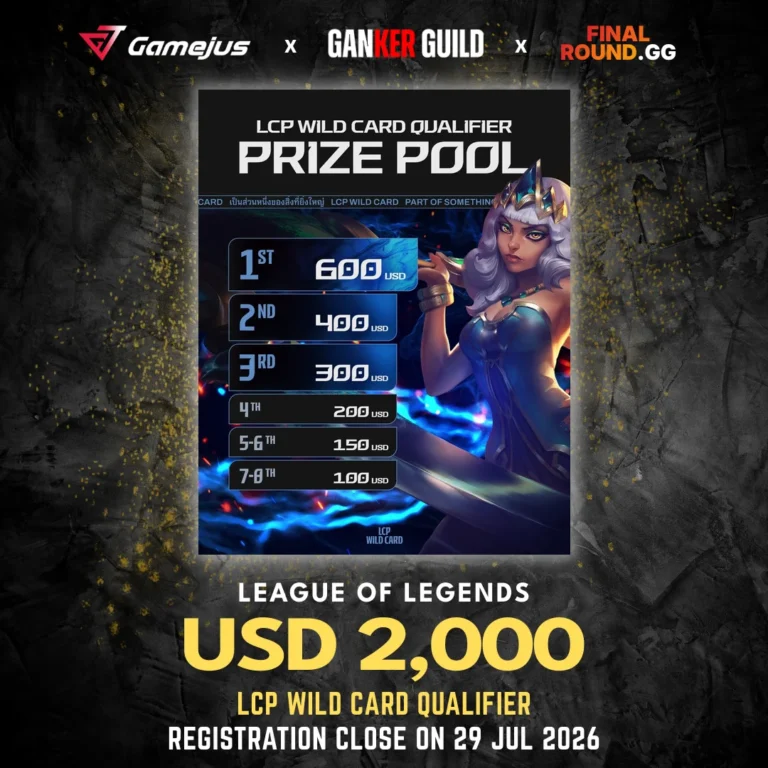 GAMEJUS X GANKER GUILD X FINAL ROUND.GG LEAGUE OF LEGENDS USD 2,000 LCP WILD CARD QUALIFIER REGISTRATION CLOSE ON 29 JULY 2026