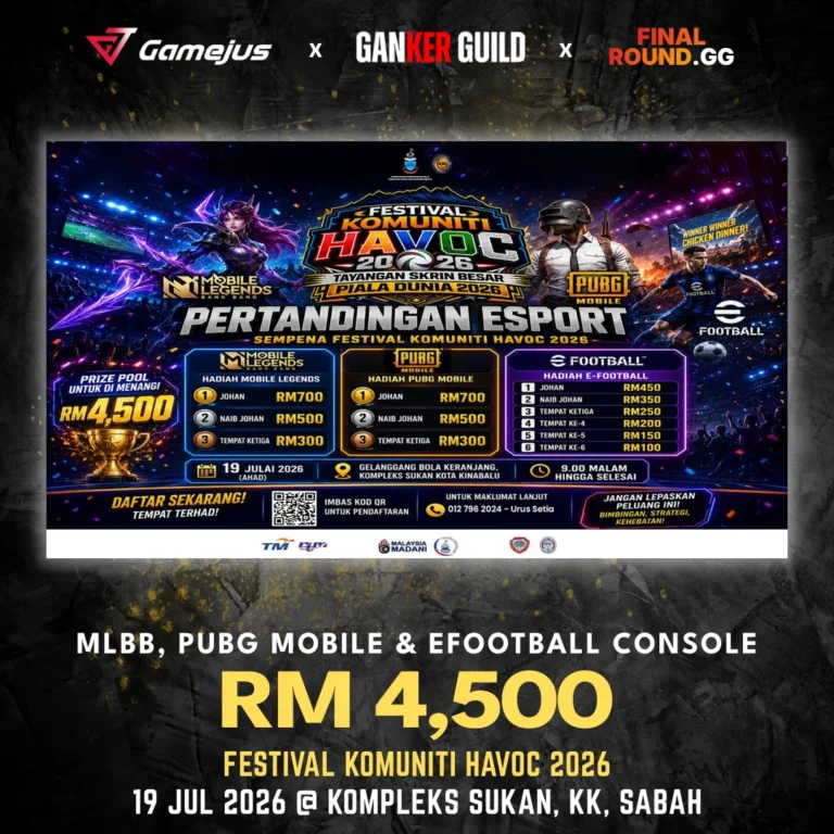 GAMEJUS X GANKER GUILD X FINAL ROUND.GG MLBB, PUBG MOBILE & EFOOTBALL CONSOLE RM 4,500 FESTIVAL KOMUNITI HAVOC 2026 19 JUL 2026 @ KOMPLEKS SUKAN, KK, SABAH