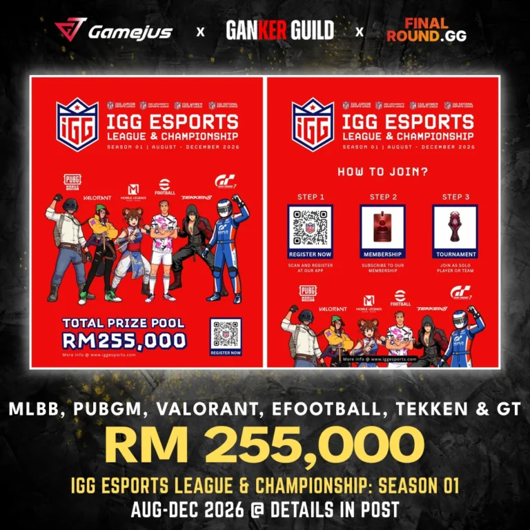 GAMEJUS X GANKER GUILD X FINAL ROUND.GG MLBB, PUBGM, VALORANT, EFOOTBALL, TEKKEN & GT RM 255,000 IGG ESPORTS LEAGUE & CHAMPIONSHIP SEASON 01 AUG-DEC 2026 @ DETAILS IN POST