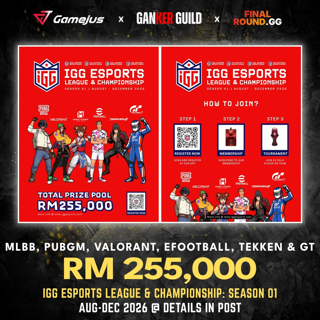 GAMEJUS X GANKER GUILD X FINAL ROUND.GG MLBB, PUBGM, VALORANT, EFOOTBALL, TEKKEN & GT RM 255,000 IGG ESPORTS LEAGUE & CHAMPIONSHIP SEASON 01 AUG-DEC 2026 @ DETAILS IN POST