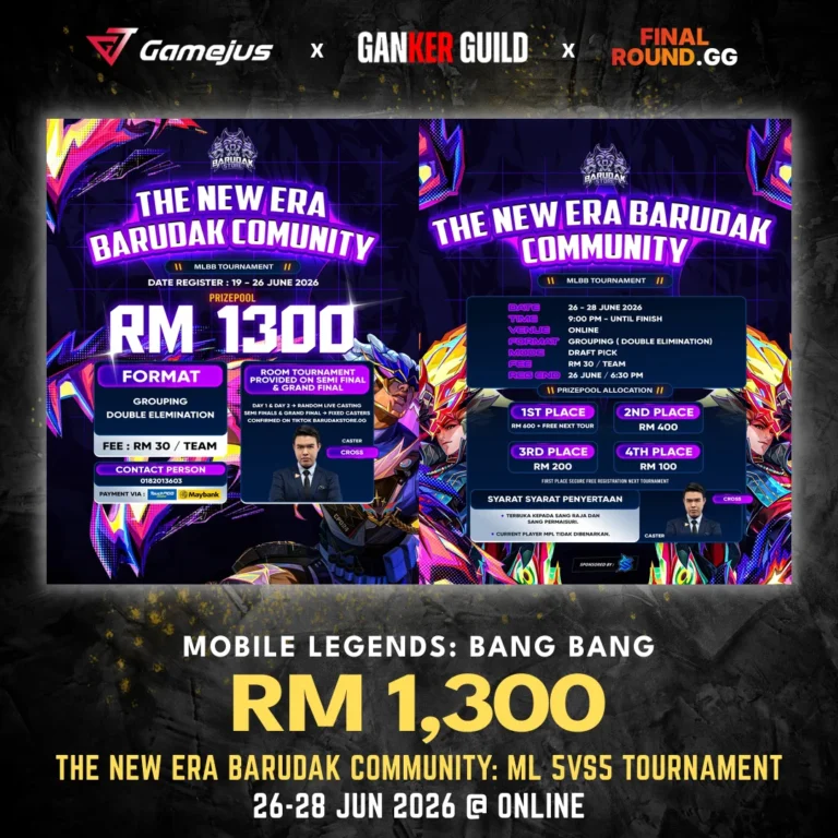 GAMEJUS X GANKER GUILD X FINAL ROUND.GG MOBILE LEGENDS BANG BANG RM 1,300 THE NEW ERA BARUDAK COMMUNITY ML 5VS5 TOURNAMENT 26-28 JUN 2026 @ ONLINE