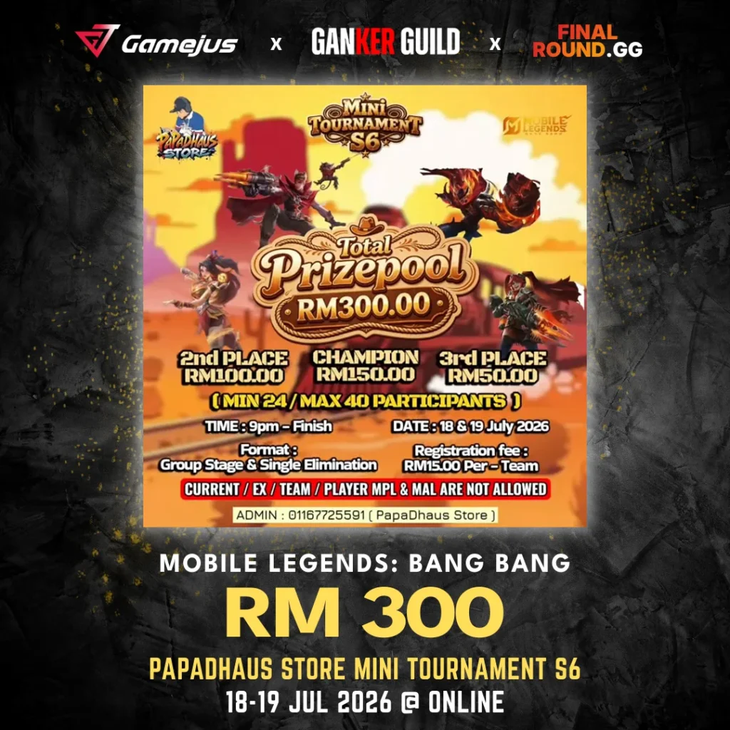 GAMEJUS X GANKER GUILD X FINAL ROUND.GG MOBILE LEGENDS BANG BANG RM 300 PAPADHAUS STORE MINI TOURNAMENT S6 18-19 JUL 2026 @ ONLINE