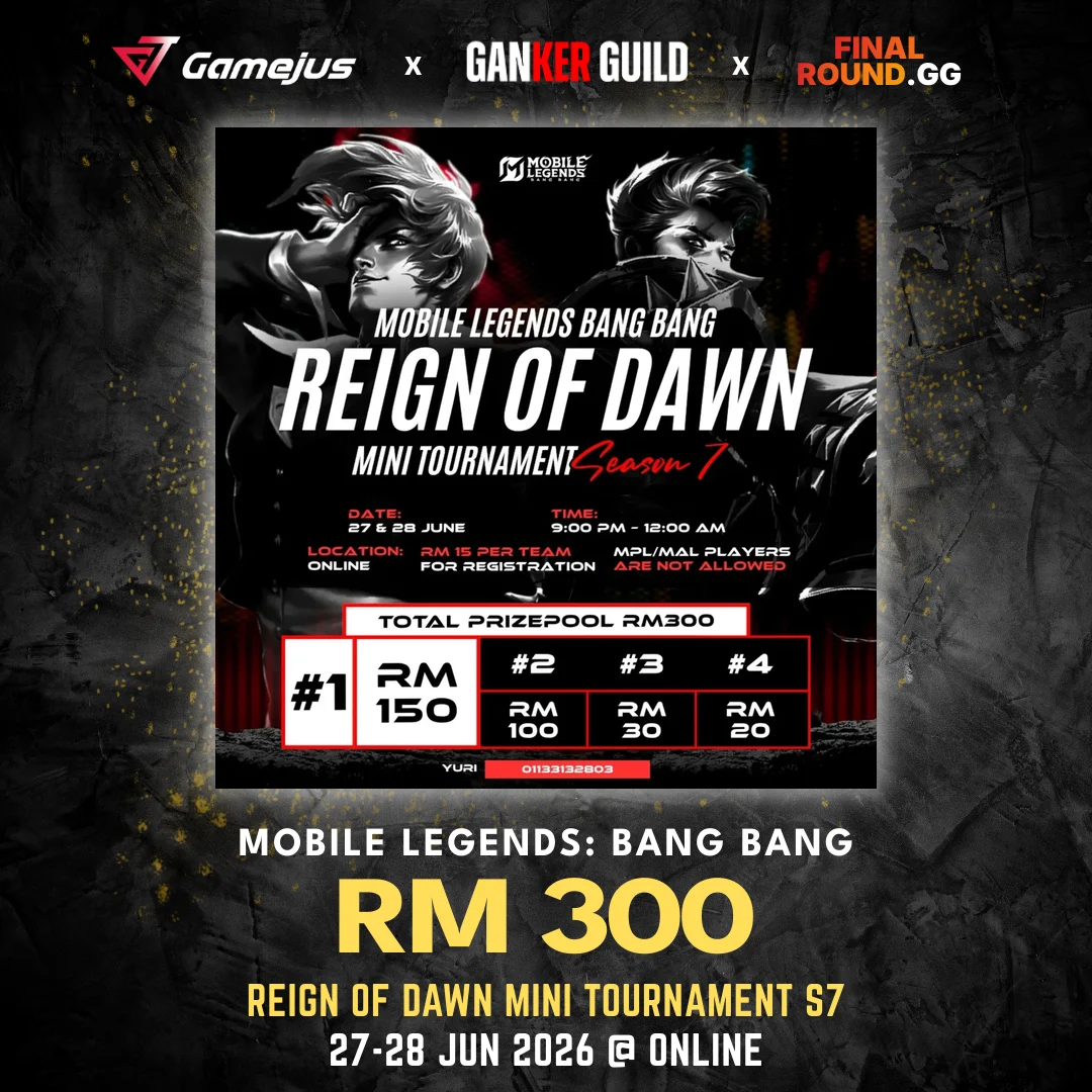 REIGN OF DAWN MINI TOURNAMENT s7 GAMEJUS X GANKER GUILD X FINAL ROUND.GG MOBILE LEGENDS BANG BANG RM 300 REIGN OF DAWN MINI TOURNAMENT S7 27-28 JUN 2026 @ ONLINE