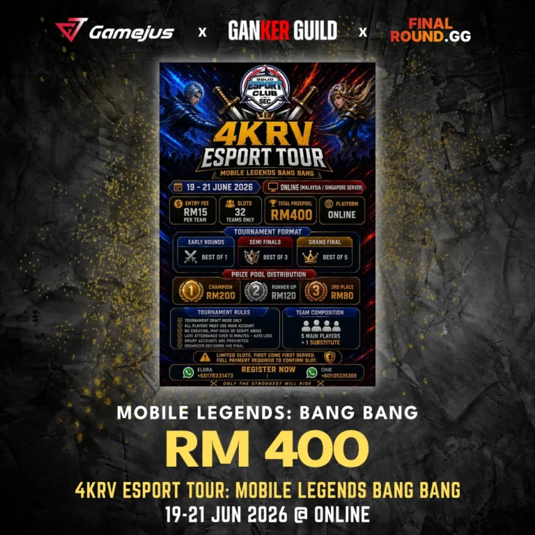 GAMEJUS X GANKER GUILD X FINAL ROUND.GG MOBILE LEGENDS BANG BANG RM 400 4KRV ESPORT TOUR MOBILE LEGENDS BANG BANG 19-21 JUN 2026 @ ONLINE