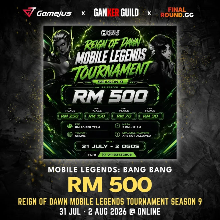 GAMEJUS X GANKER GUILD X FINAL ROUND.GG MOBILE LEGENDS BANG BANG RM 500 REIGN OF DAWN MOBILE LEGENDS TOURNAMENT SEASON 9 31 JULY - 2 AUG 2026 @ ONLINE