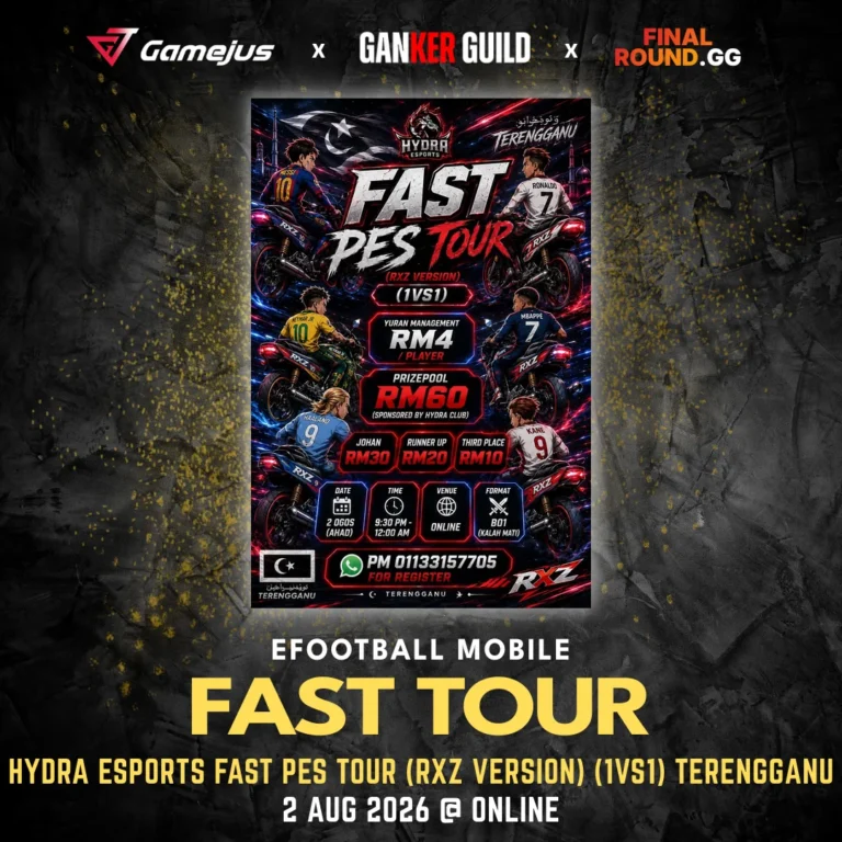 HYDRA ESPORTS FAST PES TOUR (RXZ VERSION) (1VS1) TERENGGANU GAMEJUS X GANKER GUILD X FINAL ROUND.GG EFOOTBALL MOBILE FAST TOUR HYDRA ESPORTS FAST PES TOUR (RXZ VERSION) (1VS1) TERENGGANU 2 AUG 2026 @ ONLINE