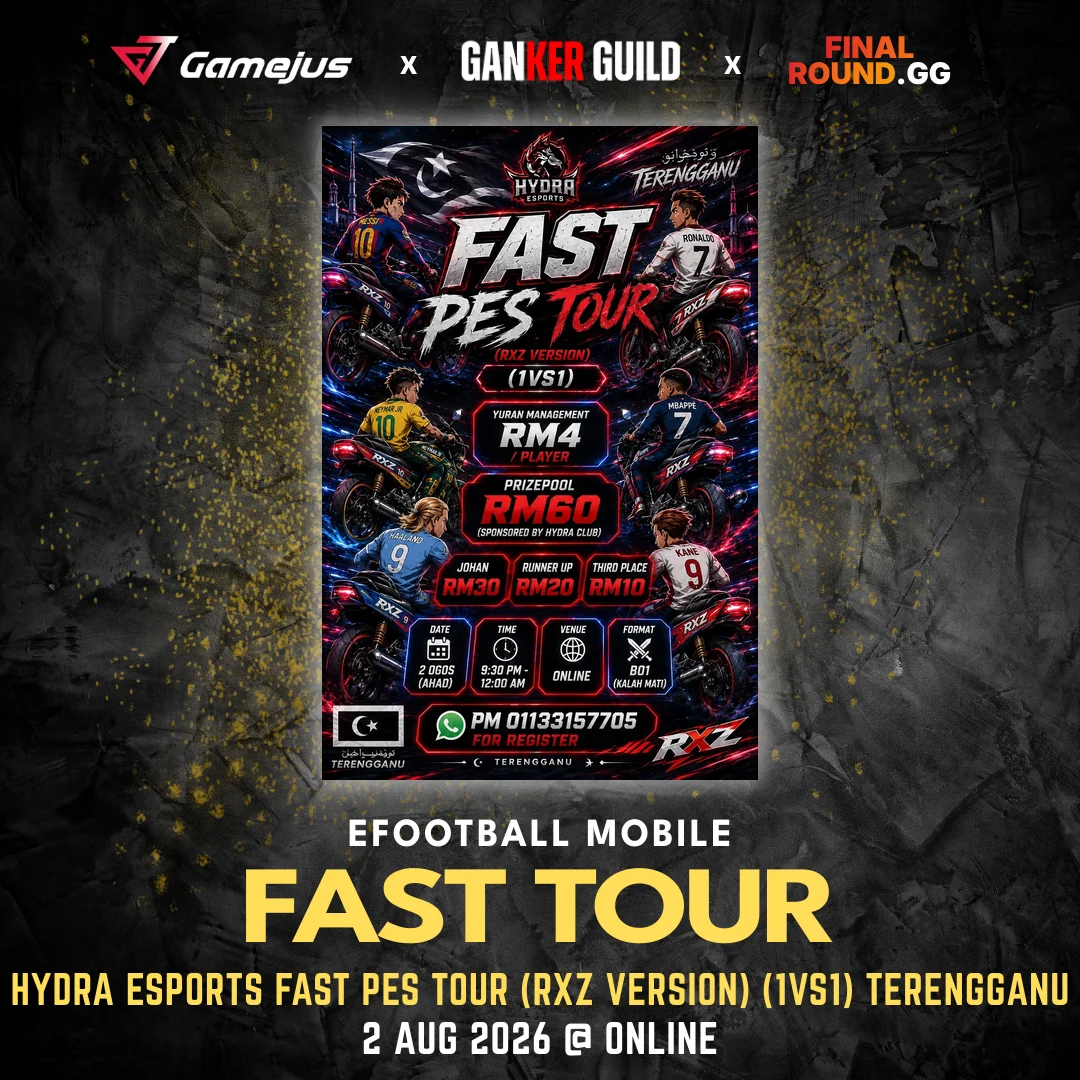 GAMEJUS X GANKER GUILD X FINAL ROUND.GG EFOOTBALL MOBILE FAST TOUR HYDRA ESPORTS FAST PES TOUR (RXZ VERSION) (1VS1) TERENGGANU 2 AUG 2026 @ ONLINE