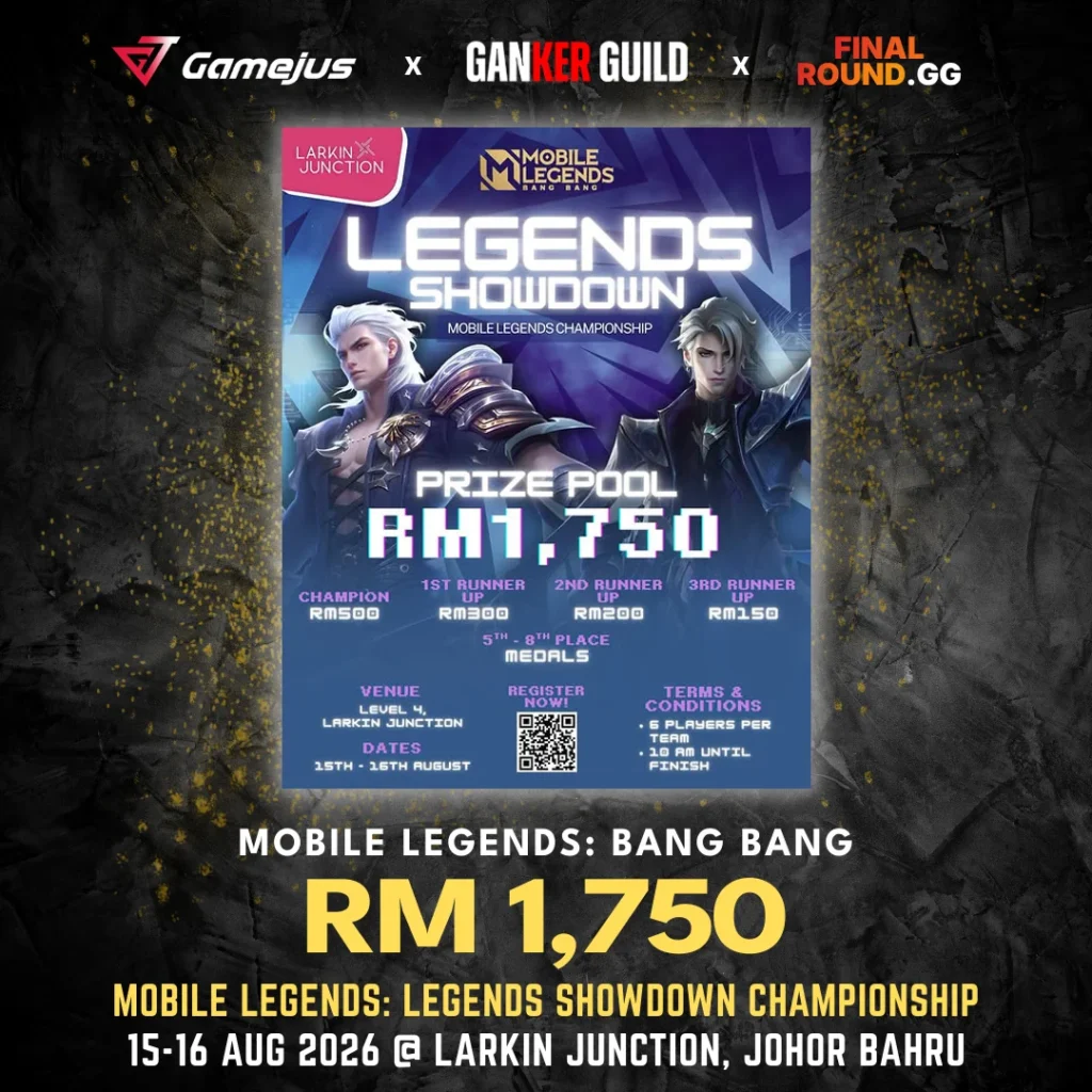 GAMEJUS X GANKER GUILD X FINAL ROUND.GG MOBILE LEGENDS BANG BANG RM 1,750 MOBILE LEGENDS LEGENDS SHOWDOWN CHAMPIONSHIP 15-16 AUG 2026 @ LARKIN JUNCTION, JOHOR BAHRU