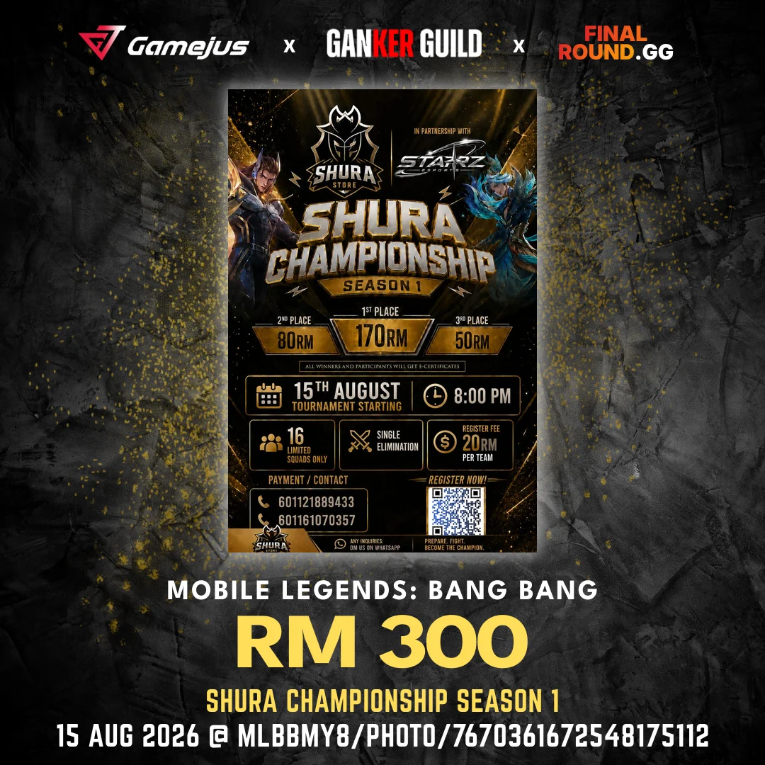 SHURA CHAMPIONSHIP SEASON 1 GAMEJUS X GANKER GUILD X FINAL ROUND.GG MOBILE LEGENDS BANG BANG RM 300 SHURA CHAMPIONSHIP SEASON 1 15 AUG 2026 @ MLBBMY8PHOTO7670361672548175112