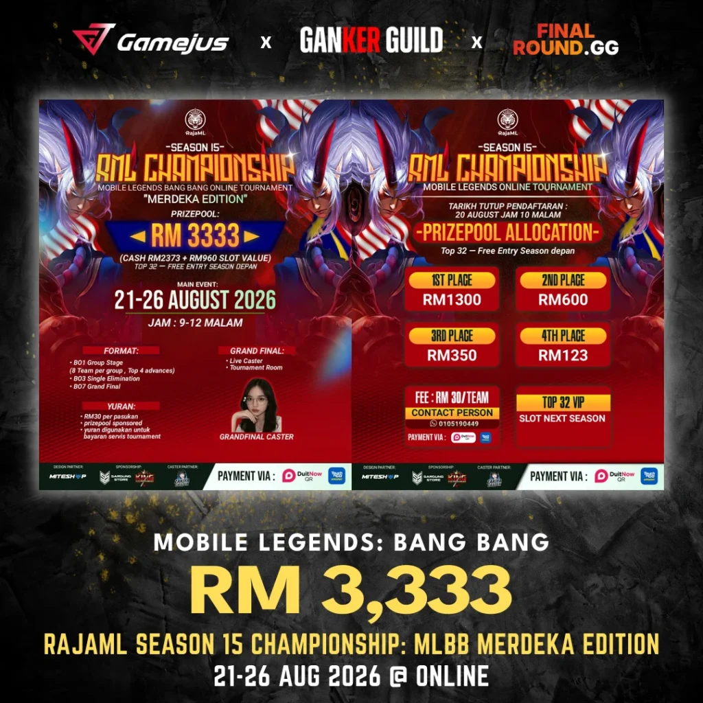 GAMEJUS X GANKER GUILD X FINAL ROUND.GG MOBILE LEGENDS BANG BANG RM 3,333 RAJAML SEASON 15 CHAMPIONSHIP MLBB MERDEKA EDITION 21-26 AUG 2026 @ ONLINE