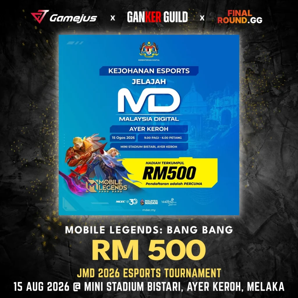 GAMEJUS X GANKER GUILD X FINAL ROUND.GG MOBILE LEGENDS BANG BANG RM 500 JMD 2026 ESPORTS TOURNAMENT 15 AUG 2026 @ MINI STADIUM BISTARI, AYER KEROH, MELAKA