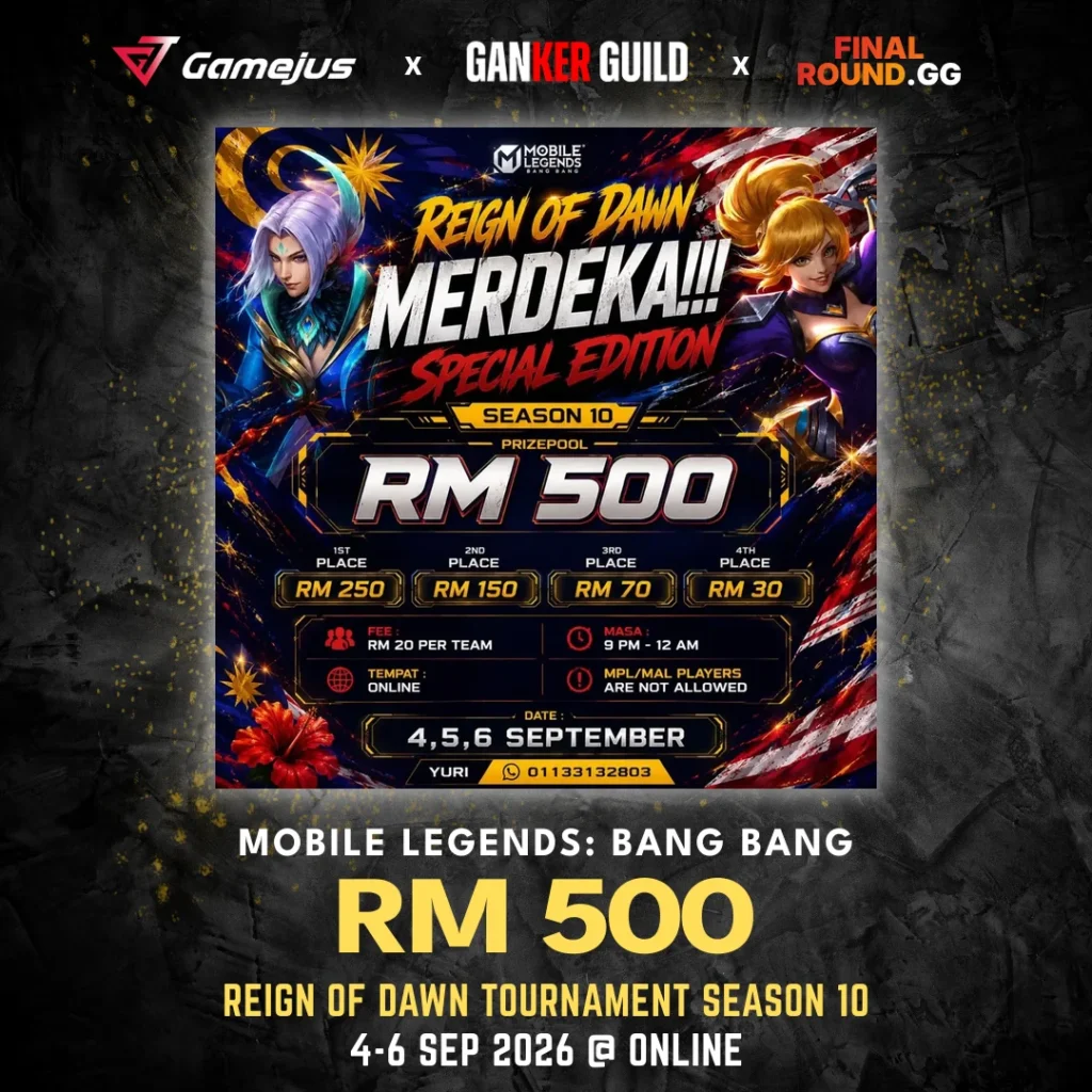 GAMEJUS X GANKER GUILD X FINAL ROUND.GG MOBILE LEGENDS BANG BANG RM 500 REIGN OF DAWN TOURNAMENT SEASON 10 4-6 SEP 2026 @ ONLINE