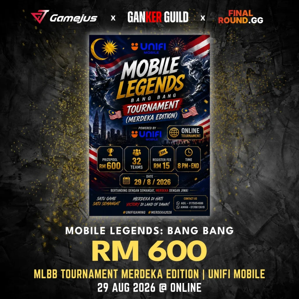 GAMEJUS X GANKER GUILD X FINAL ROUND.GG MOBILE LEGENDS BANG BANG RM 600 MLBB TOURNAMENT MERDEKA EDITION UNIFI MOBILE 29 AUG 2026 @ ONLINE