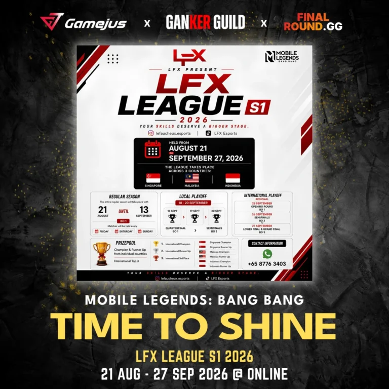 LFX LEAGUE S1 2026 GAMEJUS X GANKER GUILD X FINAL ROUND.GG MOBILE LEGENDS BANG BANG TIME TO SHINE LFX LEAGUE S1 2026 21 AUG - 27 SEP 2026 @ ONLINE