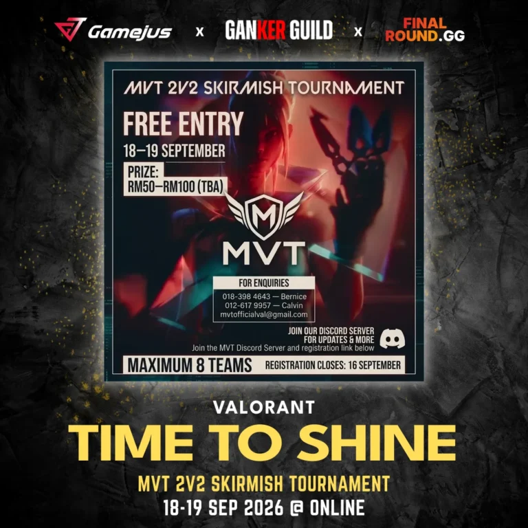 MVT 2V2 SKIRMISH TOURNAMENT GAMEJUS X GANKER GUILD X FINAL ROUND.GG VALORANT TIME TO SHINE MVT 2V2 SKIRMISH TOURNAMENT 18-19 SEP 2026 @ ONLINE