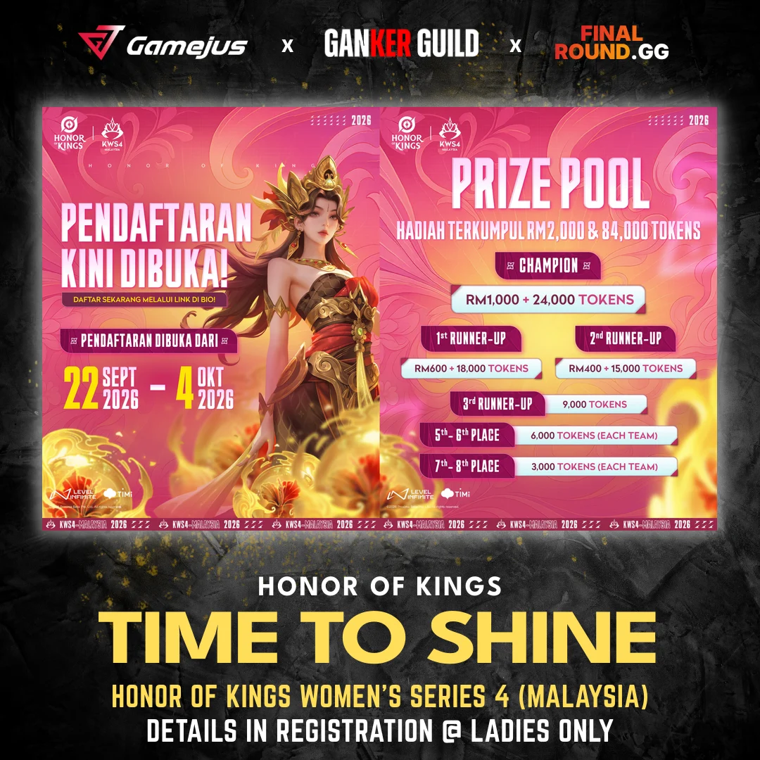 HONOR OF KINGS WOMEN’S SERIES 4 (MALAYSIA) GAMEJUS X GANKER GUILD X FINAL ROUND.GG HONOR OF KINGS TIME TO SHINE HONOR OF KINGS WOMEN'S SERIES 4 (MALAYSIA) DETAILS IN REGISTRATION @ LADIES ONLY