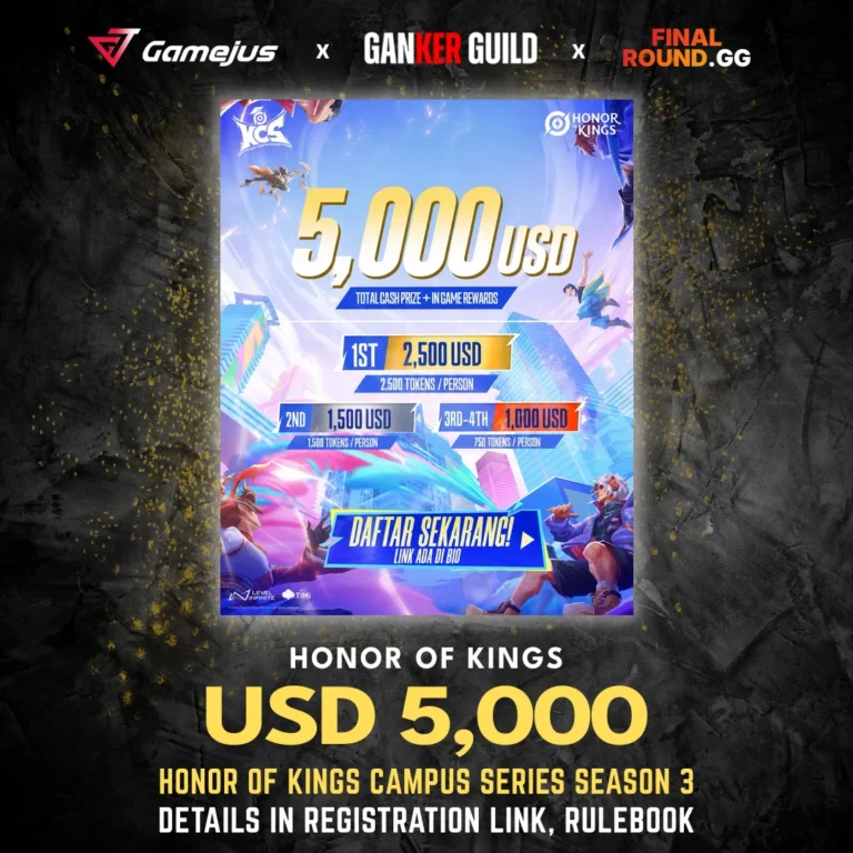HONOR OF KINGS CAMPUS SERIES SEASON 3 GAMEJUS X GANKER GUILD X FINAL ROUND.GG HONOR OF KINGS USD 5,000 HONOR OF KINGS CAMPUS SERIES SEASON 3 DETAILS IN REGISTRATION LINK, RULEBOOK