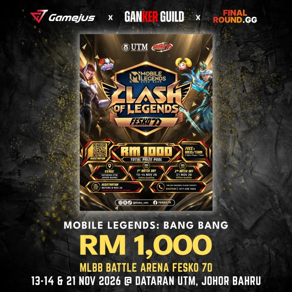 GAMEJUS X GANKER GUILD X FINAL ROUND.GG MOBILE LEGENDS BANG BANG RM 1,000 MLBB BATTLE ARENA FESKO 70 13-14 & 21 NOV 2026 @ DATARAN UTM, JOHOR BAHRU