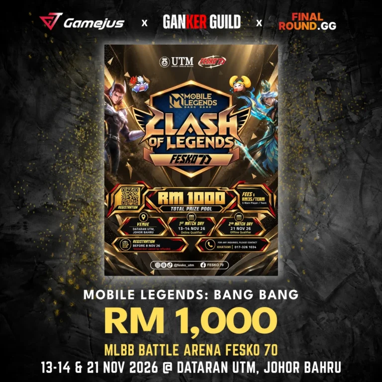 GAMEJUS X GANKER GUILD X FINAL ROUND.GG MOBILE LEGENDS BANG BANG RM 1,000 MLBB BATTLE ARENA FESKO 70 13-14 & 21 NOV 2026 @ DATARAN UTM, JOHOR BAHRU