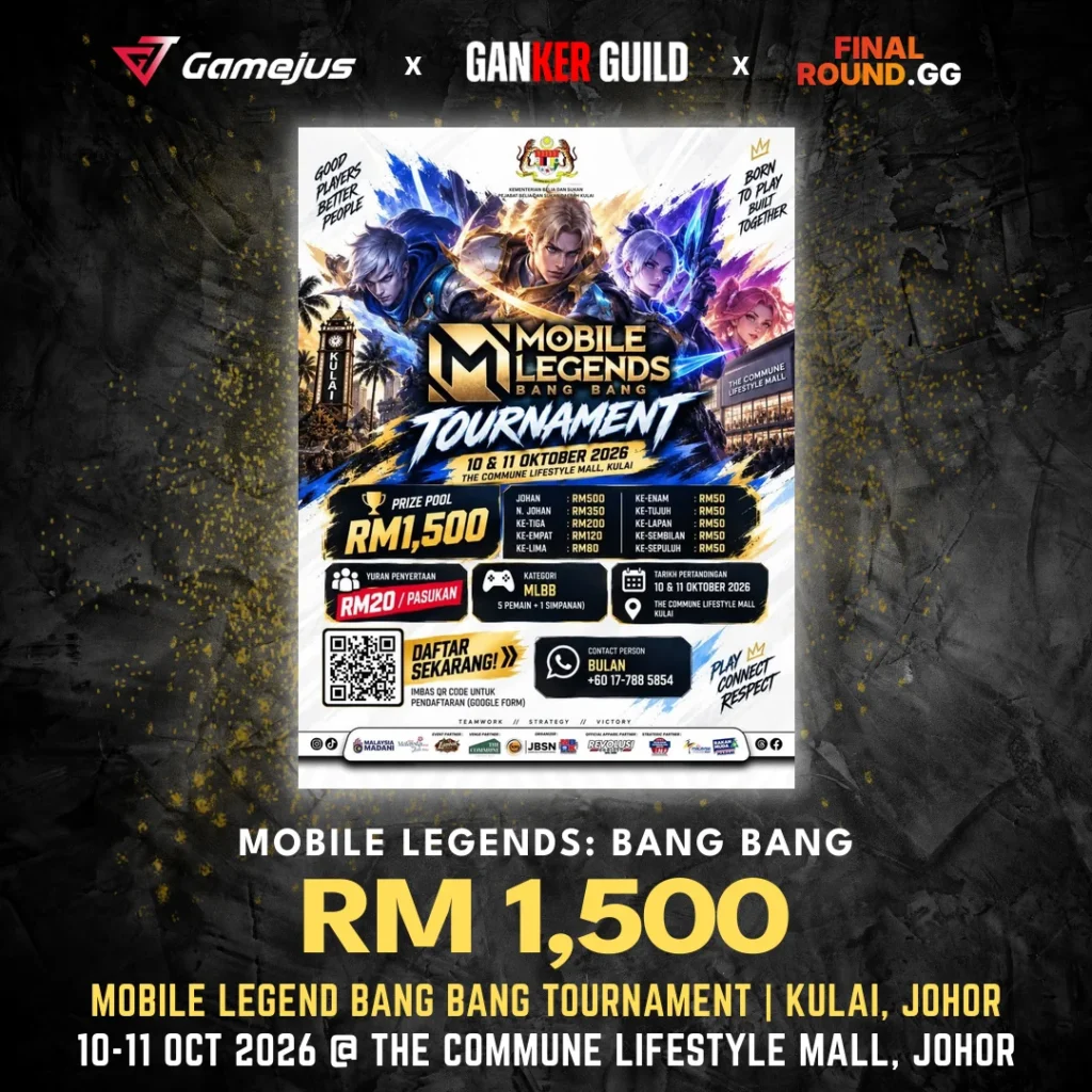 GAMEJUS X GANKER GUILD X FINAL ROUND.GG MOBILE LEGENDS BANG BANG RM 1,500 MOBILE LEGEND BANG BANG TOURNAMENT KULAI, JOHOR 10-11 OCT 2026 @ THE COMMUNE LIFESTYLE MALL, JOHOR