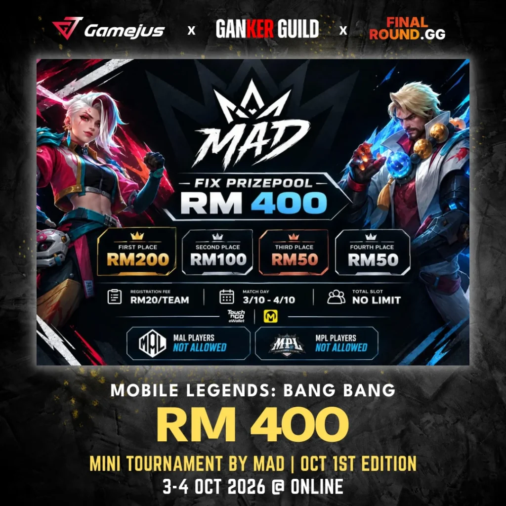 GAMEJUS X GANKER GUILD X FINAL ROUND.GG MOBILE LEGENDS BANG BANG RM 400 MINI TOURNAMENT BY MAD OCT 1ST EDITION 3-4 OCT 2026 @ ONLINE