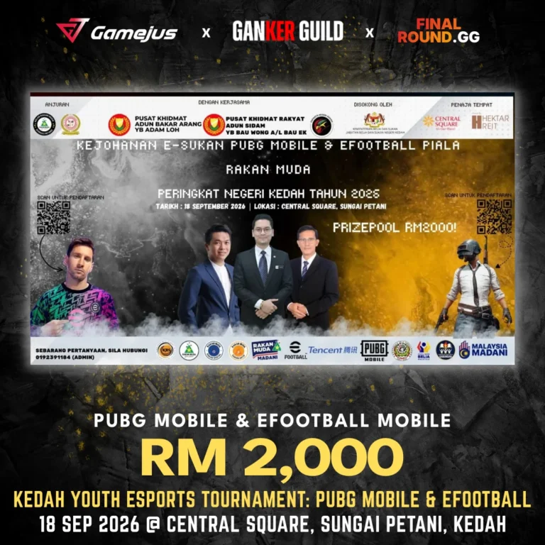 KEDAH YOUTH ESPORTS TOURNAMENT: PUBG MOBILE & EFOOTBALL GAMEJUS X GANKER GUILD X FINAL ROUND.GG PUBG MOBILE & EFOOTBALL MOBILE RM 2,000 KEDAH YOUTH ESPORTS TOURNAMENT PUBG MOBILE & EFOOTBALL 18 SEP 2026 @ CENTRAL SQUARE, SUNGAI PETANI, KEDAH